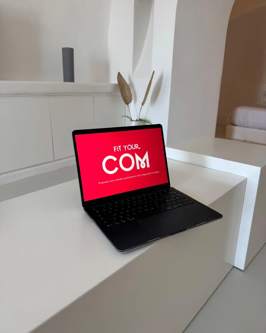Ordinateur portable affichant l'identité Fit Your Com, posé sur un plan de travail clair